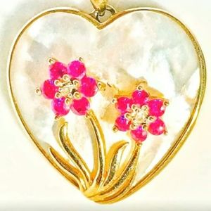 Ruby diamond & MOP 10 kt gold VALENTINES DAY heart pendant.
